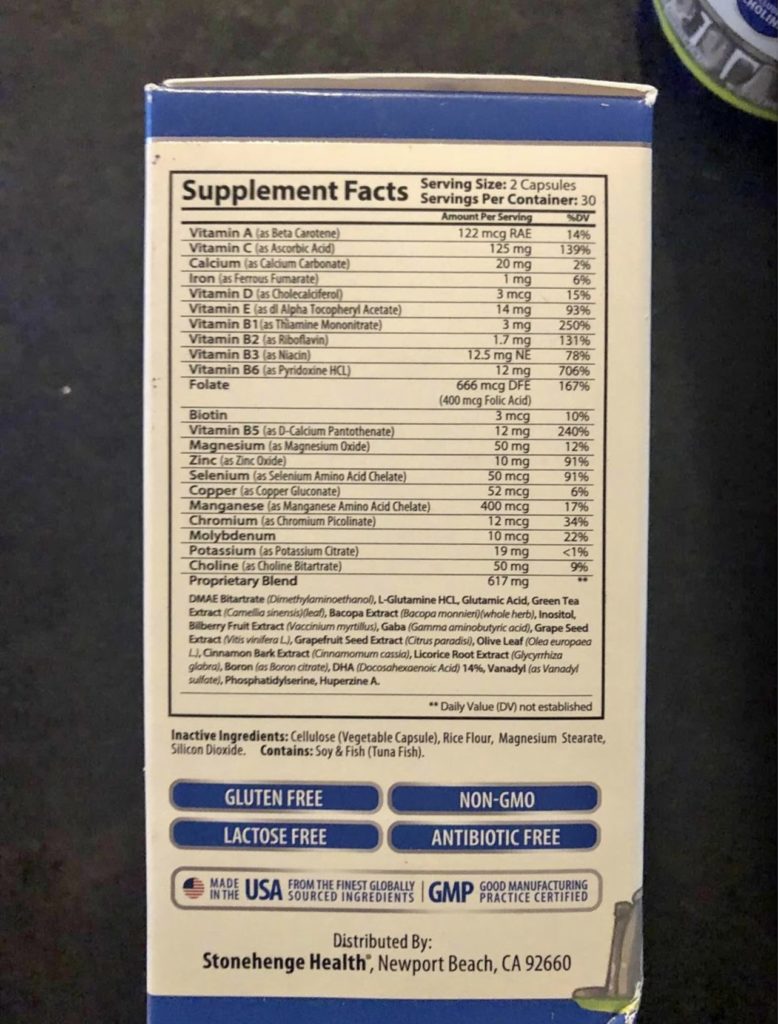 dynamic brain supplement facts from box